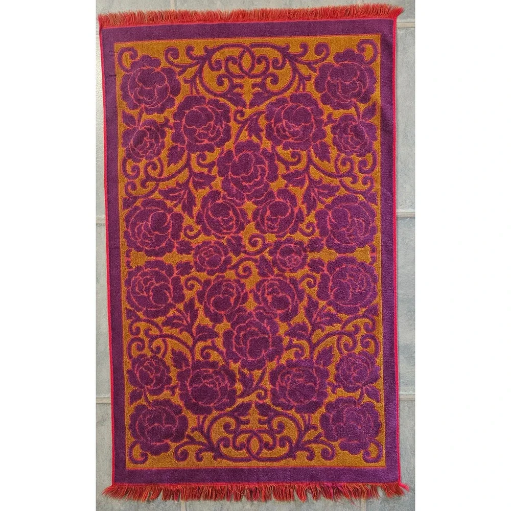 Vintage Fieldcrest Purple Gold Red Floral Fringed Bath Towel Cotton USA 40x25